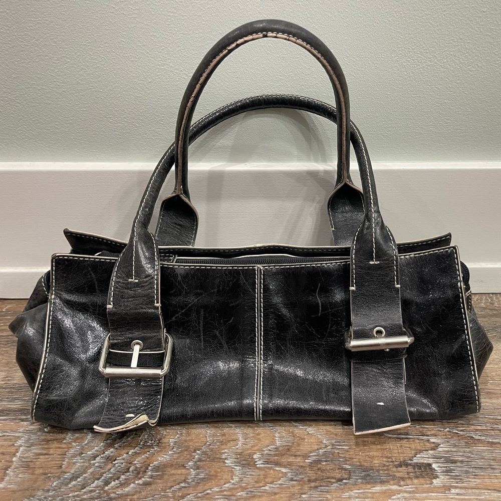 Kenneth Cole New York, Vintage Black Leather Handbag with Silver Buckle Accents